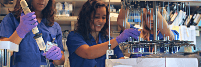 Stanford University students loading nitrogen evaporator with test samples