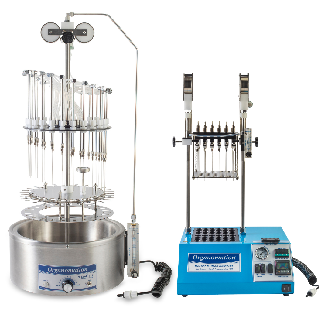 Organomation's 24 Position N-EVAP Nitrogen Evaporator on the left and 24 Position MICROVAP Nitrogen Evaporator on the right