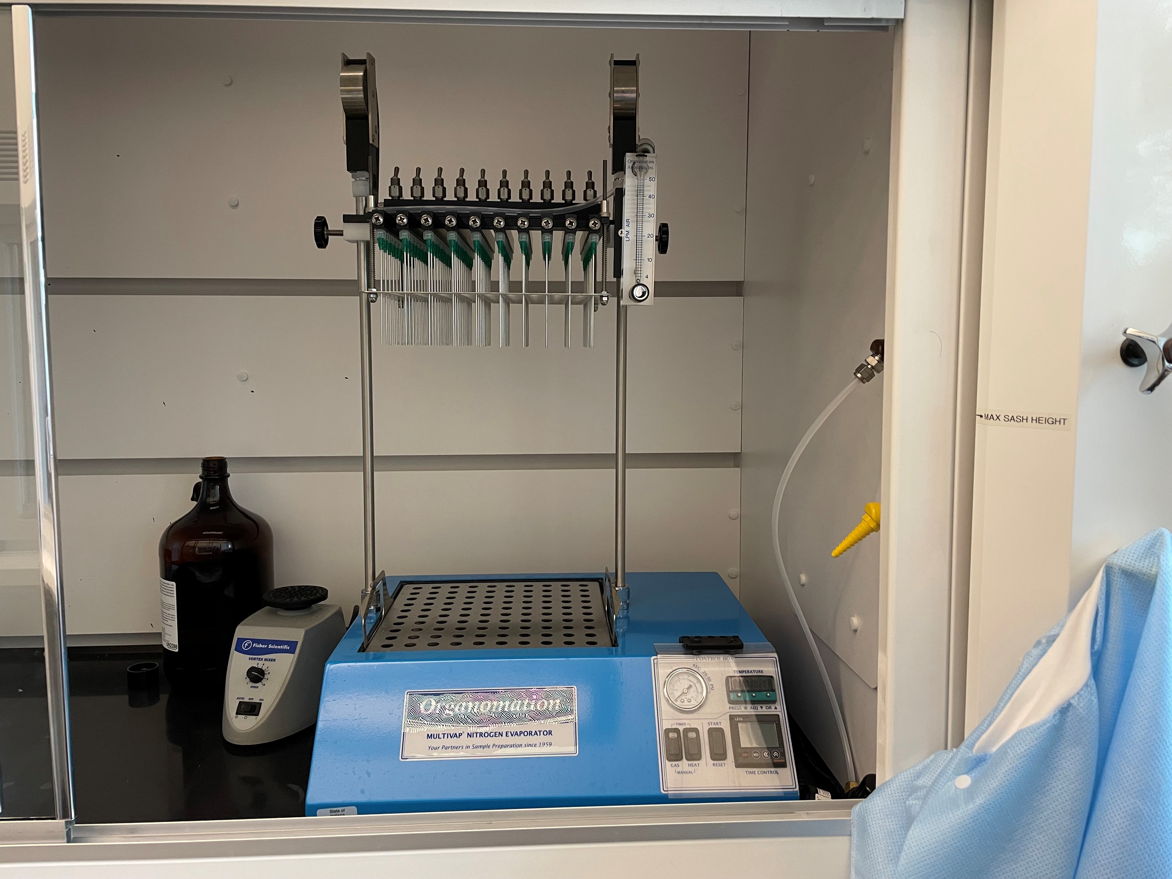 Organomation MULTIVAP Nitrogen Generator in the fume hood at Indiana State Department of Toxicology Lab