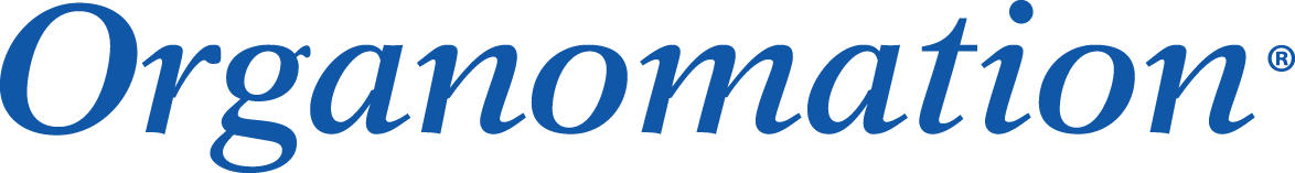 Organomation logo in royal blue with white background