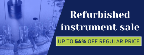 Blue and green refurbished instrument sale graphic