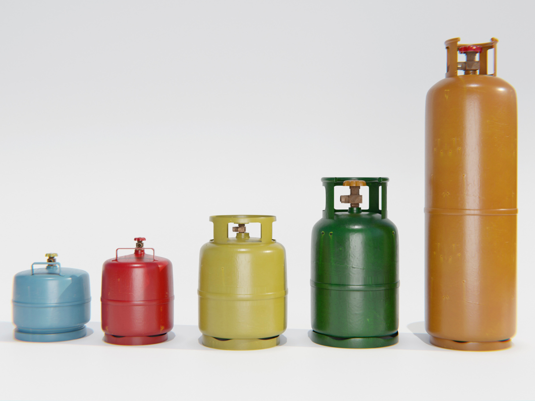 assorted cylinders ranging from small to large. left to right, they are: blue, red, yellow, green, and orange. 