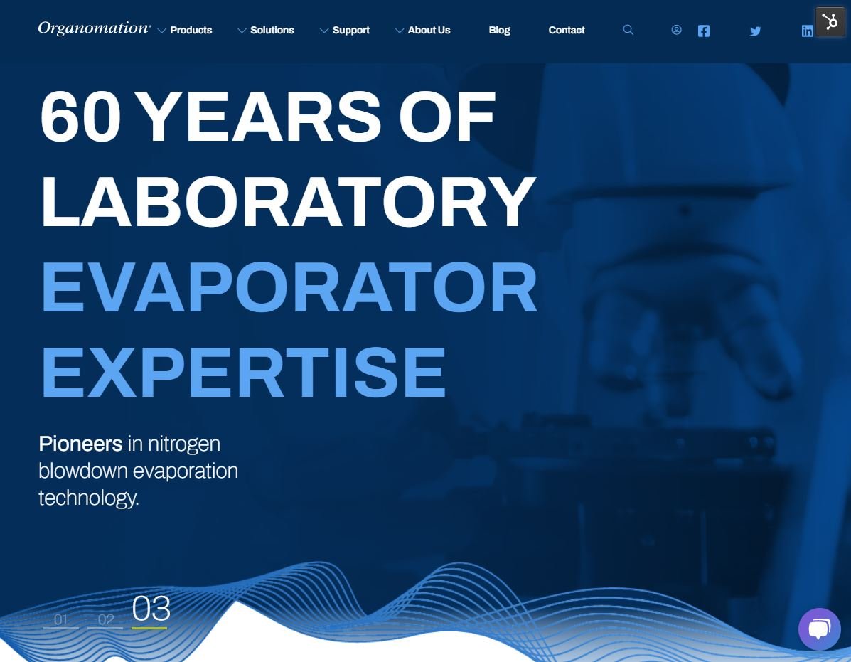 Screenshot of Organomation's new homepage with quote "60 years of laboratory evaporator expertise"