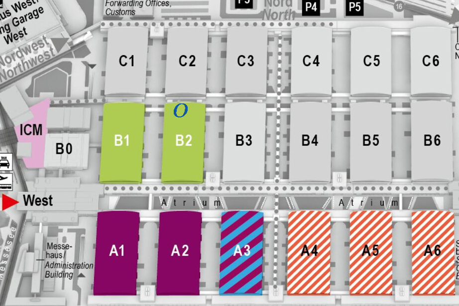 Large expo hall with sections in a grid labeled from A1 to C6. Organomation's booth is marked with a large O at the top of section B2. 