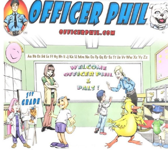 Officer Phil cartoon graphic of a classroom